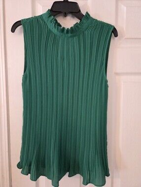 Sleeveless Green Pleated Mock Neck Top